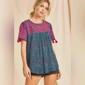Savanna Jane Magenta and Teal Embroidered Babydoll Top Womens Size Small
